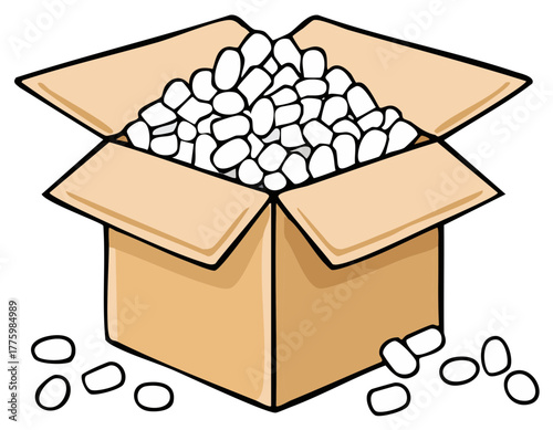 Cardboard Box Filled with White Packing Peanuts for Shipping and Packing fragile items