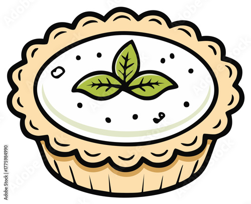 Adorable cartoon illustration of a mini sweet tart with a mint leaf garnish