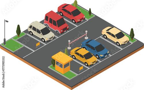 Isometric 3D Modern Parking Lot Illustration — Ideal for Smart Parking Apps, Vehicle Tracking Systems, GPS Navigation, Urban Planning, Mobile App Design, and Transportation Marketing