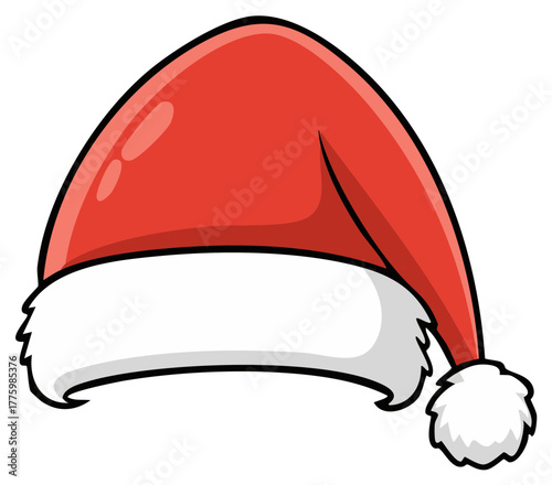 Classic red Santa Claus hat with white fuzzy trim and a fluffy pom pom symbol of winter holiday season