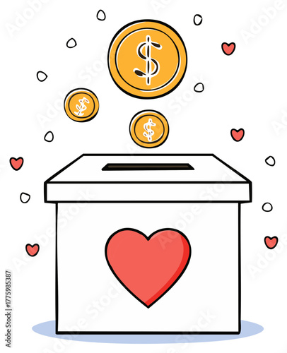 Cartoon donation box with a red heart collecting gold dollar coins for charity