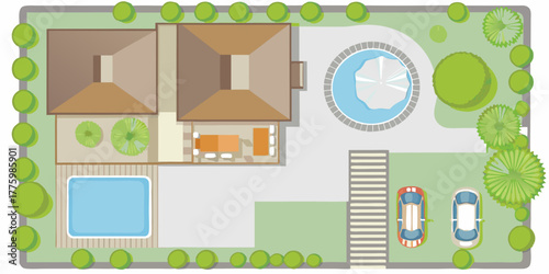 Top view illustration of a modern house with a swimming pool hot tub and outdoor dining area