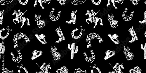 Whimsical western cowboy theme pattern with horseshoes boots hats and cacti on black background