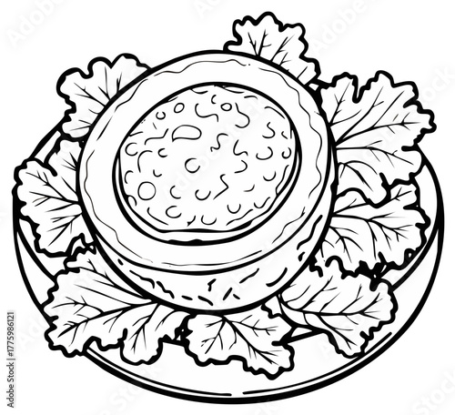 Illustrative bowl of textured food surrounded by leafy greens on a plate for culinary design, menus and cookbook imagery.