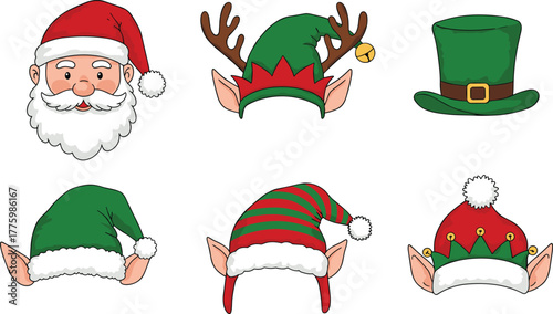 Santa Claus hat beard, elf hats with ears, festive jester hat, green top hat, Christmas costume accessories, holiday headwear illustration