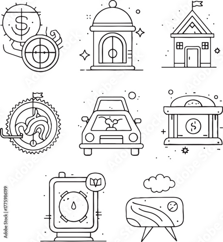 Vector of set of icons related to finance, banking, and transportation