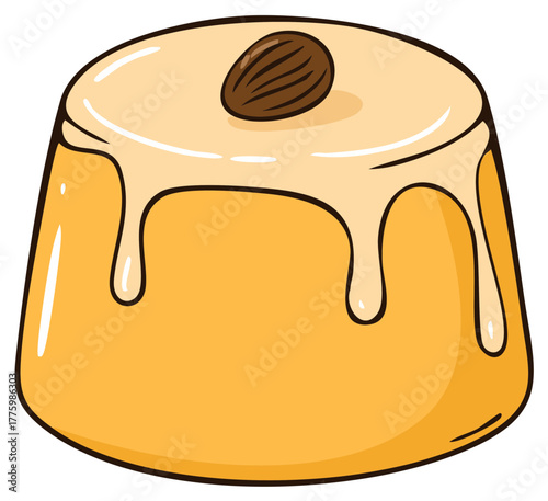 Cartoon pudding illustration with a creamy glaze and almond topping