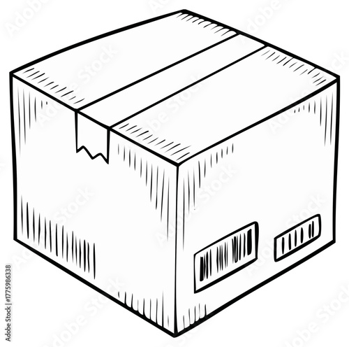 Hand drawn sketch of a sealed cardboard box for shipping or moving isolated line art illustration