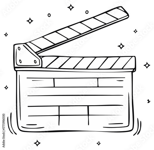 Hand drawn illustration of a movie clapperboard with sparkles and stars