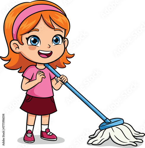 Cute cartoon girl cleaning the floor with mop, happy child doing household chores, kid helping at home illustration