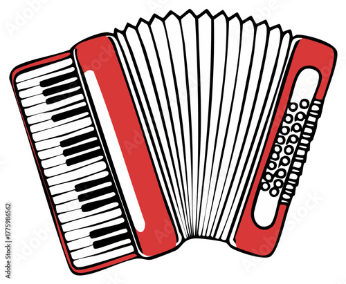 Bright red and white accordion musical instrument featuring piano keyboard and bass buttons