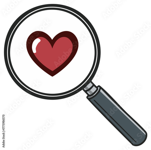 Searching for love concept with a magnifying glass examining a red heart symbol