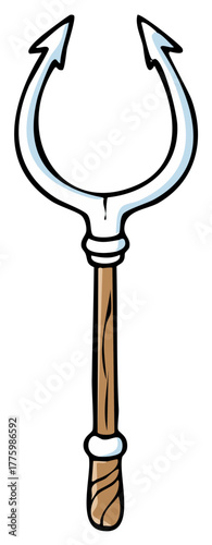 Hand drawn fishing spear with barbed prongs and a rustic wooden handle