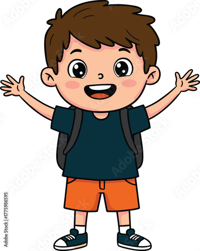 Happy cartoon schoolboy with backpack and open arms, cheerful child smiling, education and back to school illustration