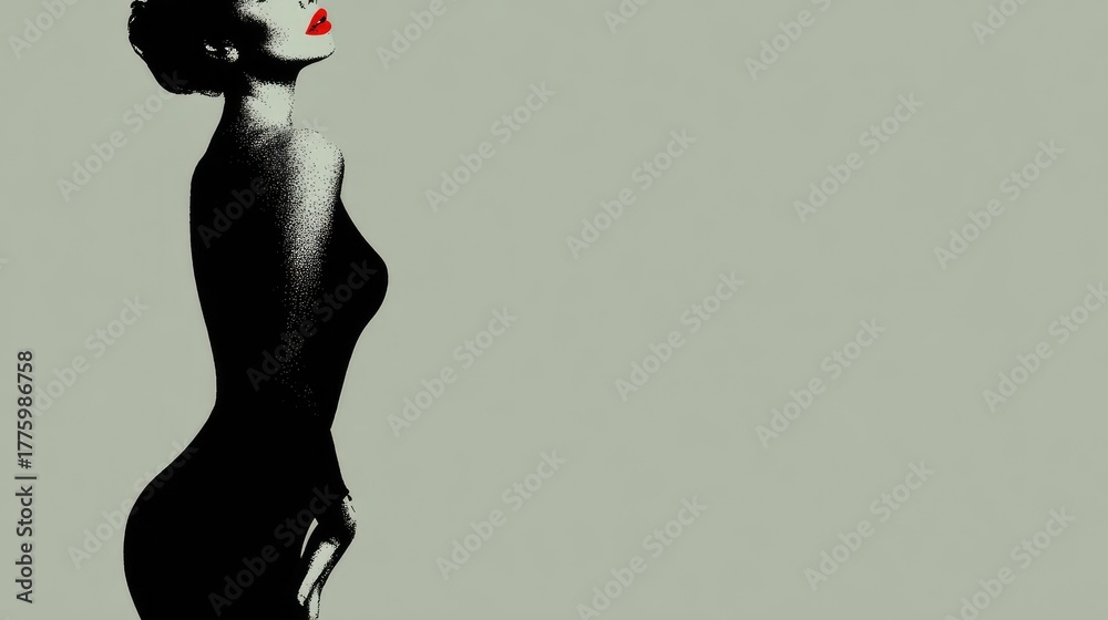 Fototapeta premium Silhouette of Stylish Woman with Red Lips on Minimalistic Background