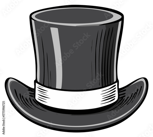 Stylish Black Top Hat Design with White Band Fashionable Vintage Headwear Accessory Drawing