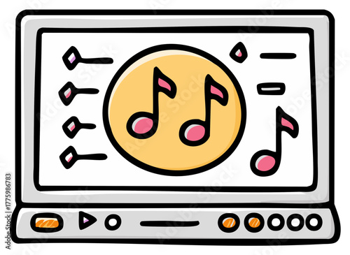 Media player displaying music notes with audio control icons illustration