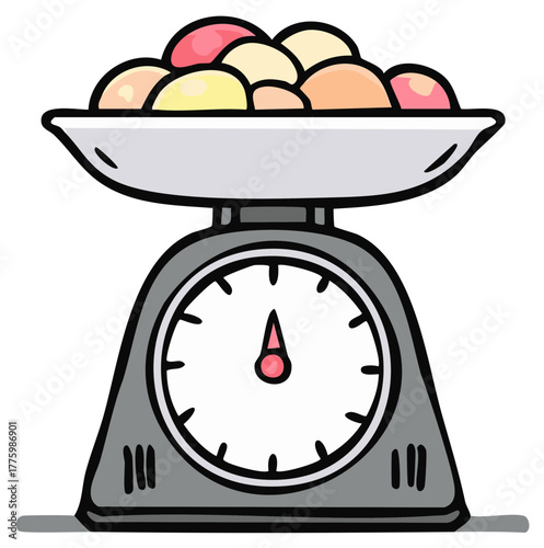 Cartoon kitchen scale measuring heap of colorful fruit and vegetables