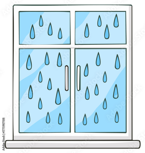 Hand drawn cartoon illustration of a closed window with raindrops on a rainy day