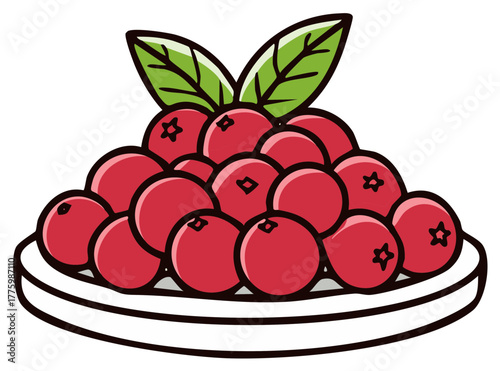 Vibrant red cranberries and green leaves served on a plate an artistic vector illustration