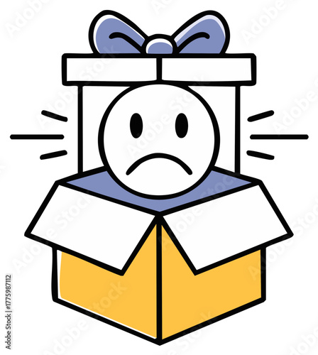 Disappointed face in open gift box with blue bow cartoon illustration feeling letdown