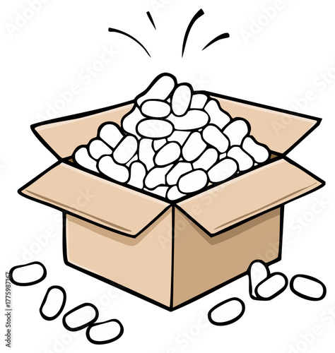 Cartoon illustration of an opened cardboard box filled with packing peanuts