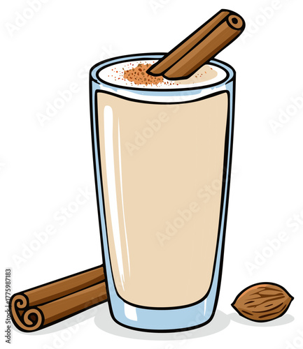 Creamy Spiced Beverage Illustration with Cinnamon Stick and Nutmeg for Holiday Celebrations