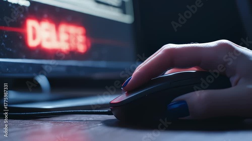 Person Clicks Computer Mouse to Delete Something on Monitor Screen