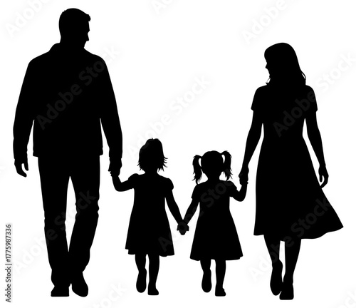 Silhouette of a family walking together, featuring a father, mother, and two daughters