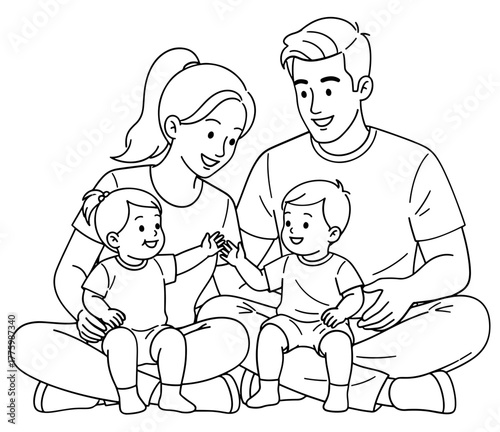 A happy family sitting together, featuring a mother, father, and two sons