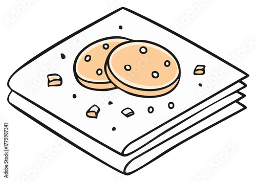 Two cartoon cookies on a paper napkin with crumbs simple vector illustration for food or snack concepts