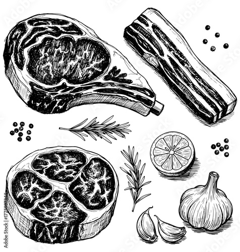 Hand drawn sketch of raw meat with rosemary, garlic, lemon and pepper fresh beef steak illustration