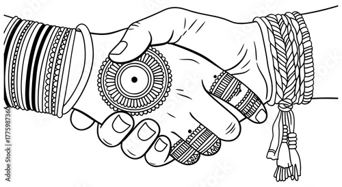 Handshake with traditional indian wedding jewelry, hand drawn vector illustration in black and white