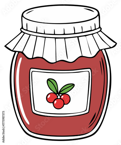 Cartoon Illustration of a Jam Jar with Cherries and Leaves