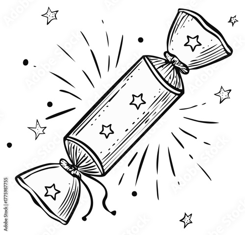 Festive candy cracker with star design and streamers outlined in black and white for holiday celebrations