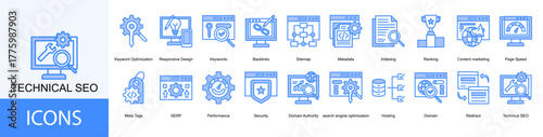 technical seo icon collection set. Containing Keywords, Backlinks, Sitemap, Metadata, Indexing, Ranking, Content marketing icon