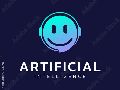 Artificial intelligence Live chat bot assistant with smiling friendly robot face support logo vector design concept. AI Chatbot logotype for ui, advance technology, Online Support, robotic, automation