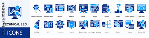 technical seo icon collection set. Containing Keywords, Backlinks, Sitemap, Metadata, Indexing, Ranking, Content marketing icon