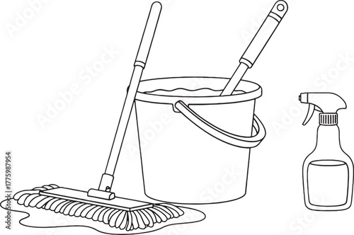 Vector of mop and bucket with cleaning spray bottle