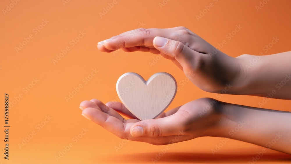 Obraz premium Gentle hands cup a pale heart shape against a warm orange background