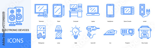 Electronic Devices icon collection set. Containing Television, Tablet, Computer, Laptop, handphone icon