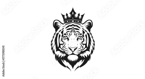 Monochrome tiger head facing forward wearing a detailed crown flat illustration