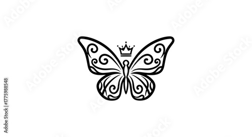 Ornate black monarch butterfly with a royal crown flat illustration