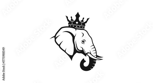 Regal black elephant head logo mascot wearing a royal crown flat illustration
