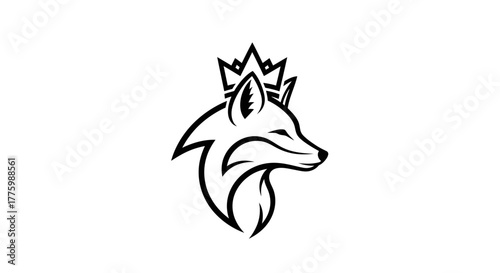 Royal crowned fox head black line art logo flat illustration