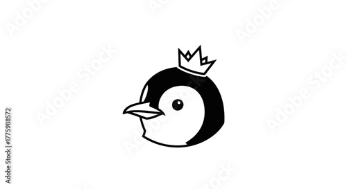 Simple black and white penguin head wearing a crown flat illustration