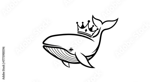 Simple black outline whale wearing a royal crown flat illustration