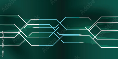 Abstract futuristic design of interconnected, glowing lines forming a complex network on a dark green background.