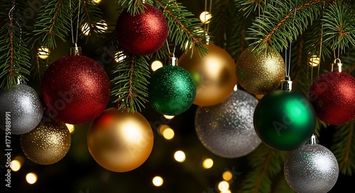 Wallpaper Mural Close up view of festive christmas tree ornaments in various colors and textures hanging on a decorated evergreen branch with blurred bokeh lights Torontodigital.ca