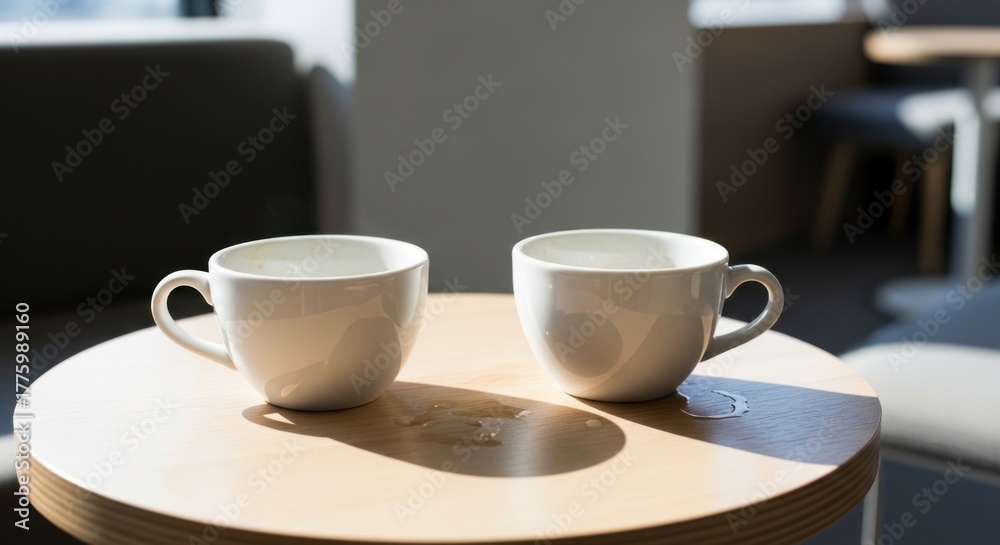 Fototapeta premium Two empty white ceramic coffee cups sitting on light wooden round table in bright, modern cafe setting, for conversation, break time, quiet reflection